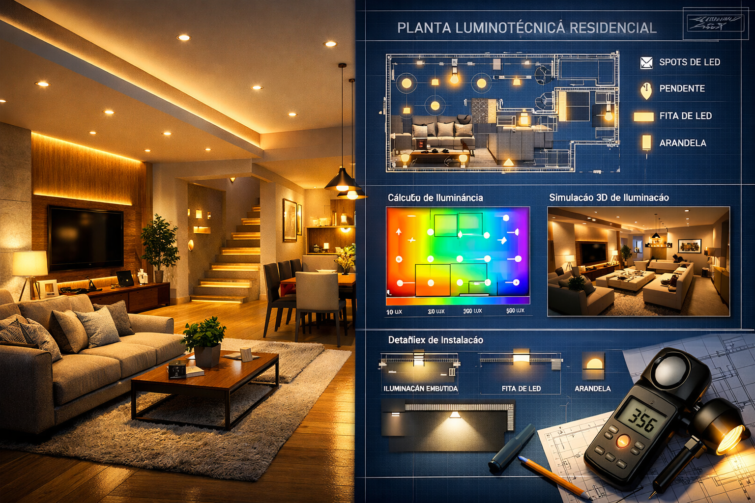 Miresa 68 projeto luminotecnico residencial moderno sala integrada iluminacao indireta led spots pendentes design de interiores sofisticado