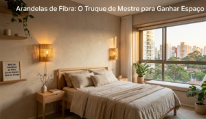 Arandelas de palha artesanal Miresa instaladas na parede de um quarto studio em São Paulo, liberando espaço na mesa de cabeceira e projetando sombras orgânicas em ambiente estilo Japandi.