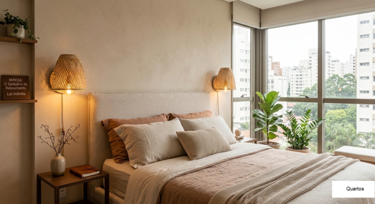 Arandelas de palha artesanal Miresa instaladas nas laterais da cama de casal em quarto decorado estilo Japandi, criando iluminação indireta e liberando espaço nas mesas de cabeceira em apartamento de São Paulo.