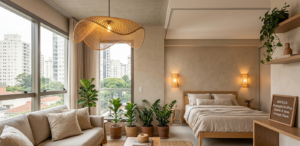 Studio integrado em São Paulo com decoração biofílica, apresentando pendente de bambu de grandes dimensões na sala e arandelas de vime no dormitório, criando unidade visual e amplitude no apartamento compacto.
