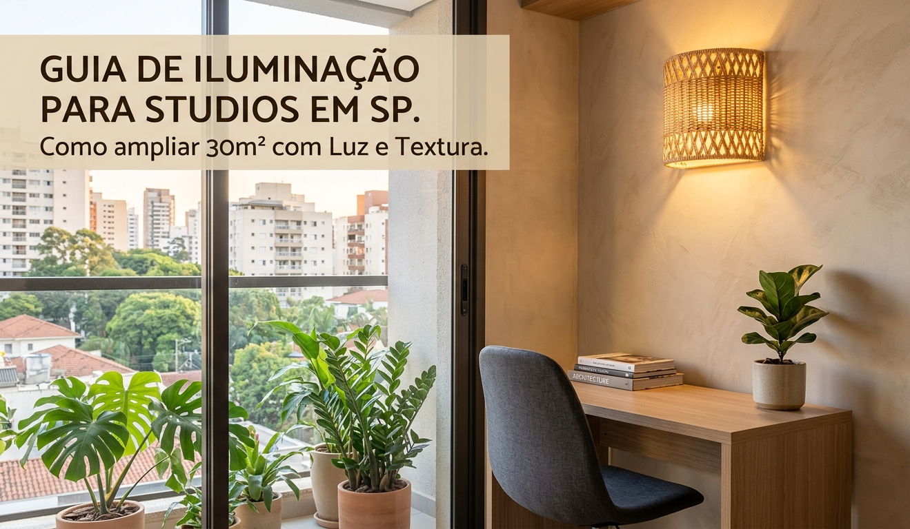 Arandela de palha artesanal Miresa instalada sobre bancada de home office em studio compacto em São Paulo, exemplificando como ganhar espaço e amplitude com design biofílico e iluminação de parede.