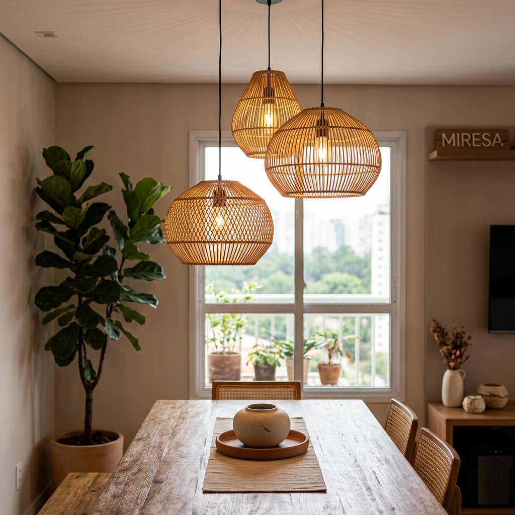 Trio de luminárias pendentes em fibra natural de rattan sobre mesa de jantar de madeira em apartamento decorado estilo Japandi em São Paulo.