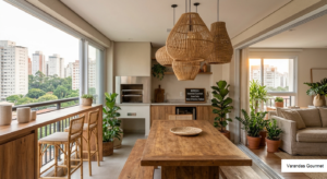 Cluster de três pendentes artesanais de grandes dimensões em vime e bambu tratado da Miresa instalados sobre mesa de jantar em varanda gourmet de apartamento com churrasqueira em São Paulo.