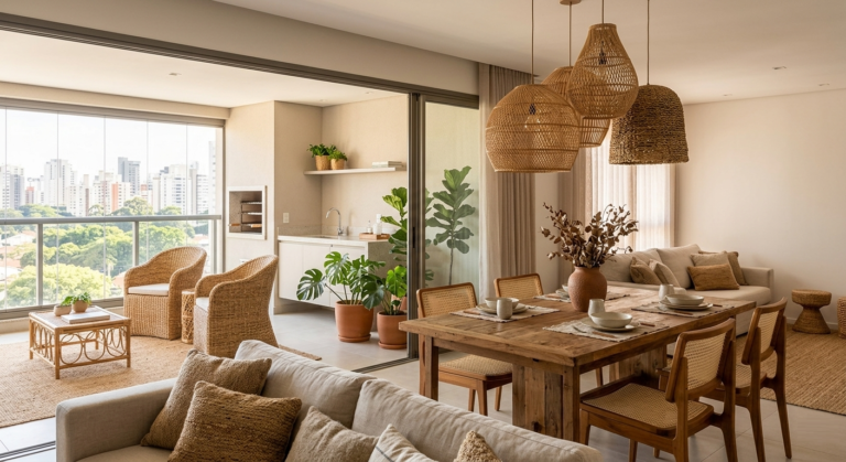Sala de jantar integrada à varanda gourmet em apartamento em São Paulo, destacando trio de pendentes artesanais em fibra natural e cadeiras de palha portuguesa, com vista para o skyline urbano.