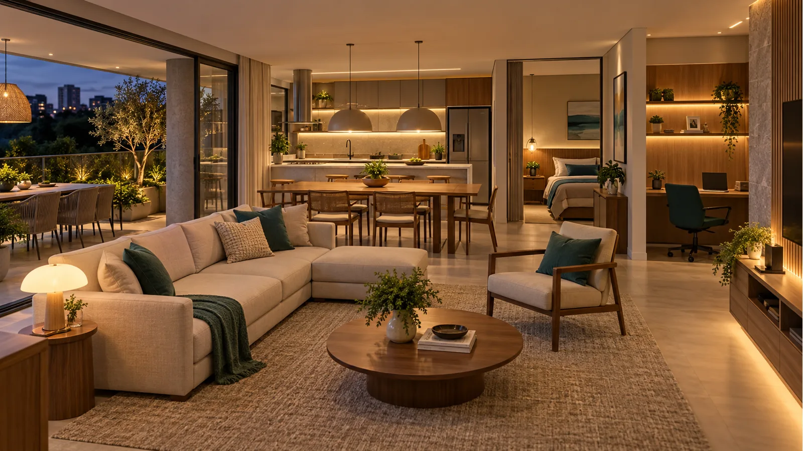 Sala, cozinha, quarto, home office e varanda com iluminação em camadas