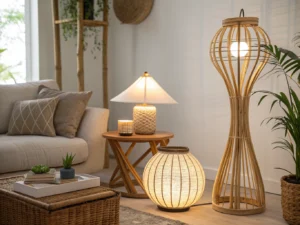 Comparação visual entre luminárias de rattan e bambu