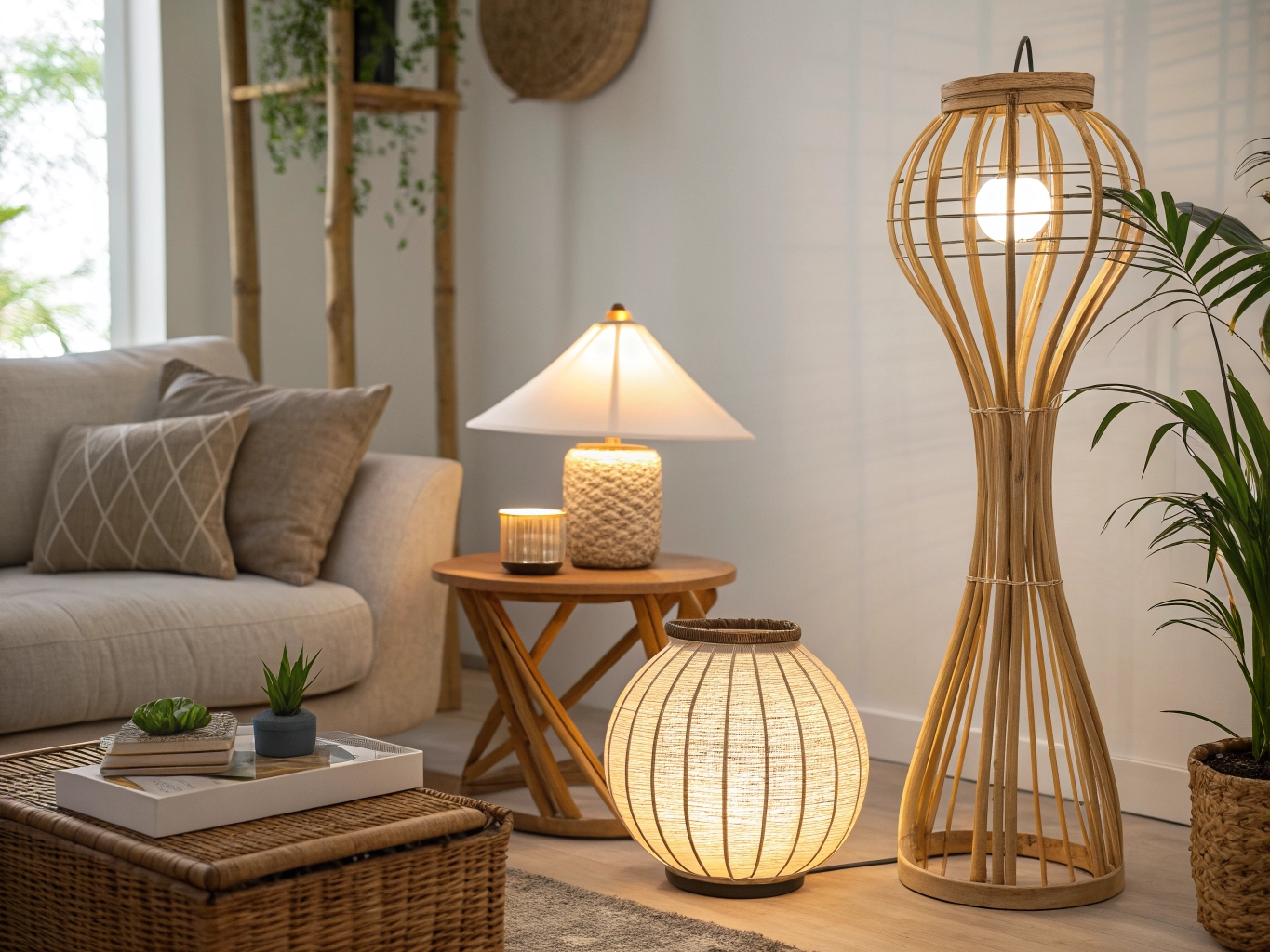 Comparação visual entre luminárias de rattan e bambu
