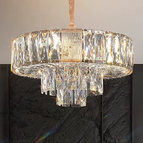 Lustre Redondo De Cristal K9 Estrutura Dourada Para Mesa Jantar e Quartos Teto Alto