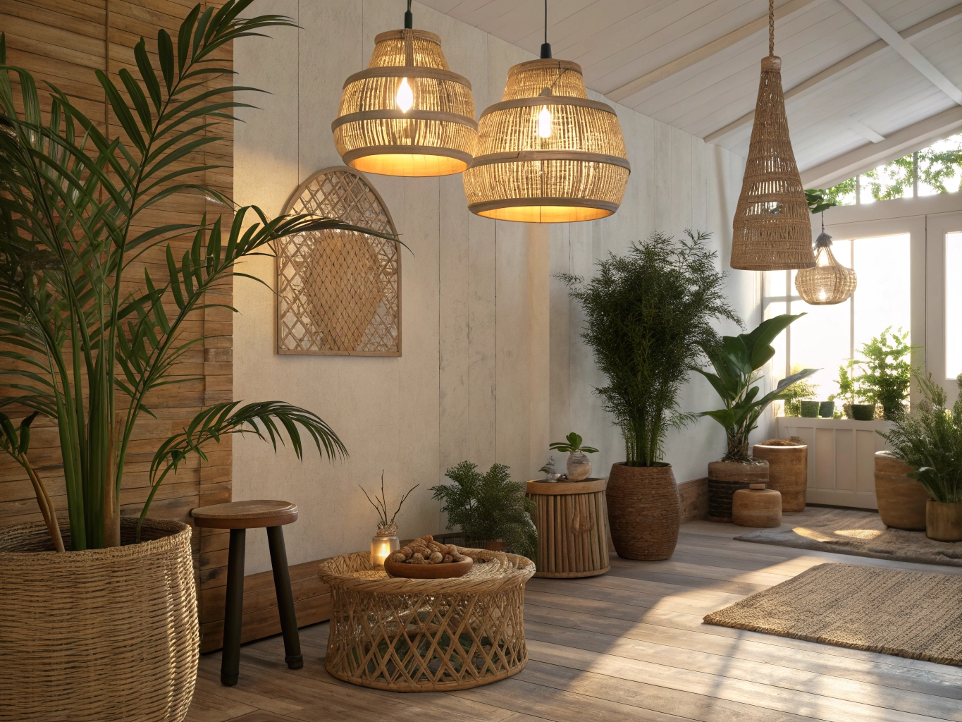 Interior com iluminação biofílica e materiais naturais