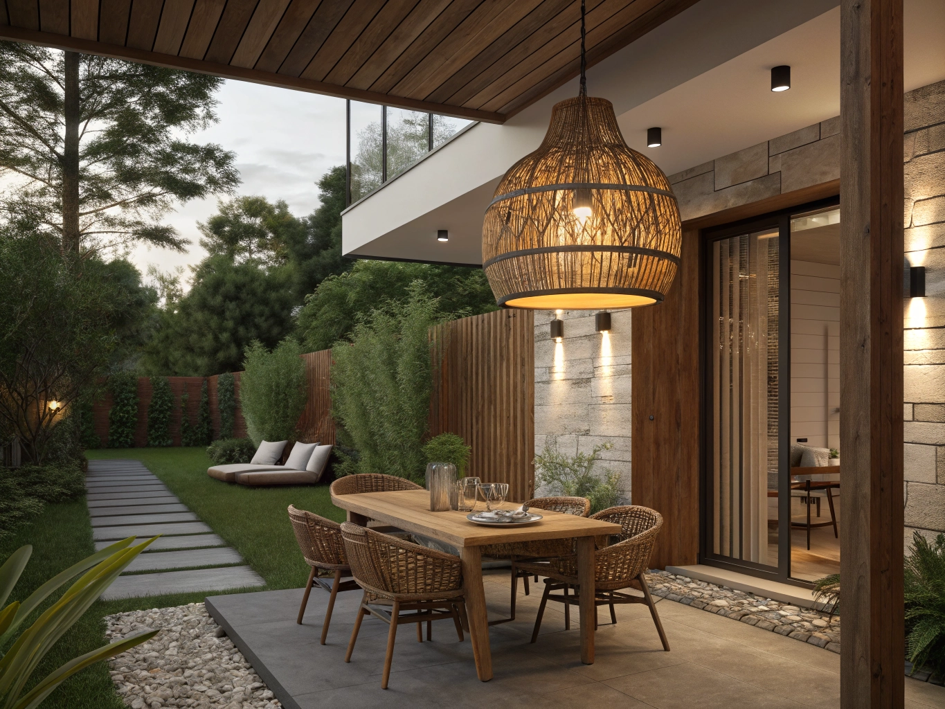 Luminária rústica de bambu em área gourmet coberta