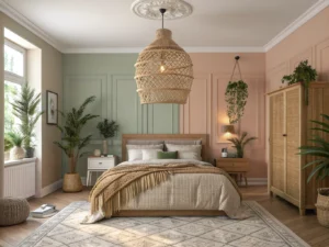 Lustre de palha em quarto boho chic