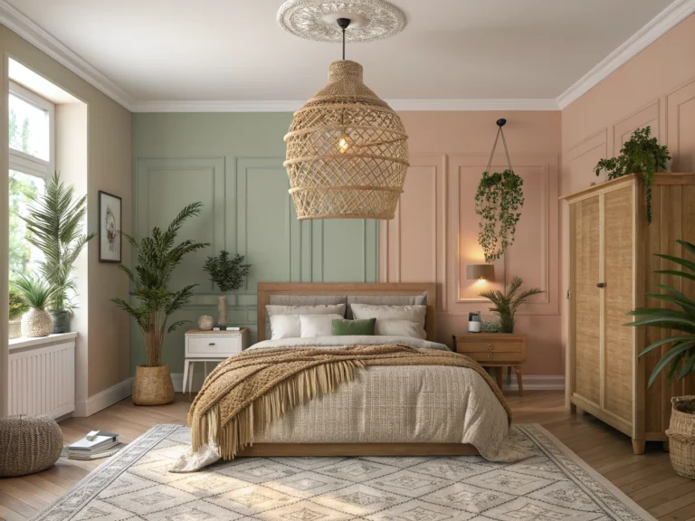 Lustre de palha em quarto boho chic