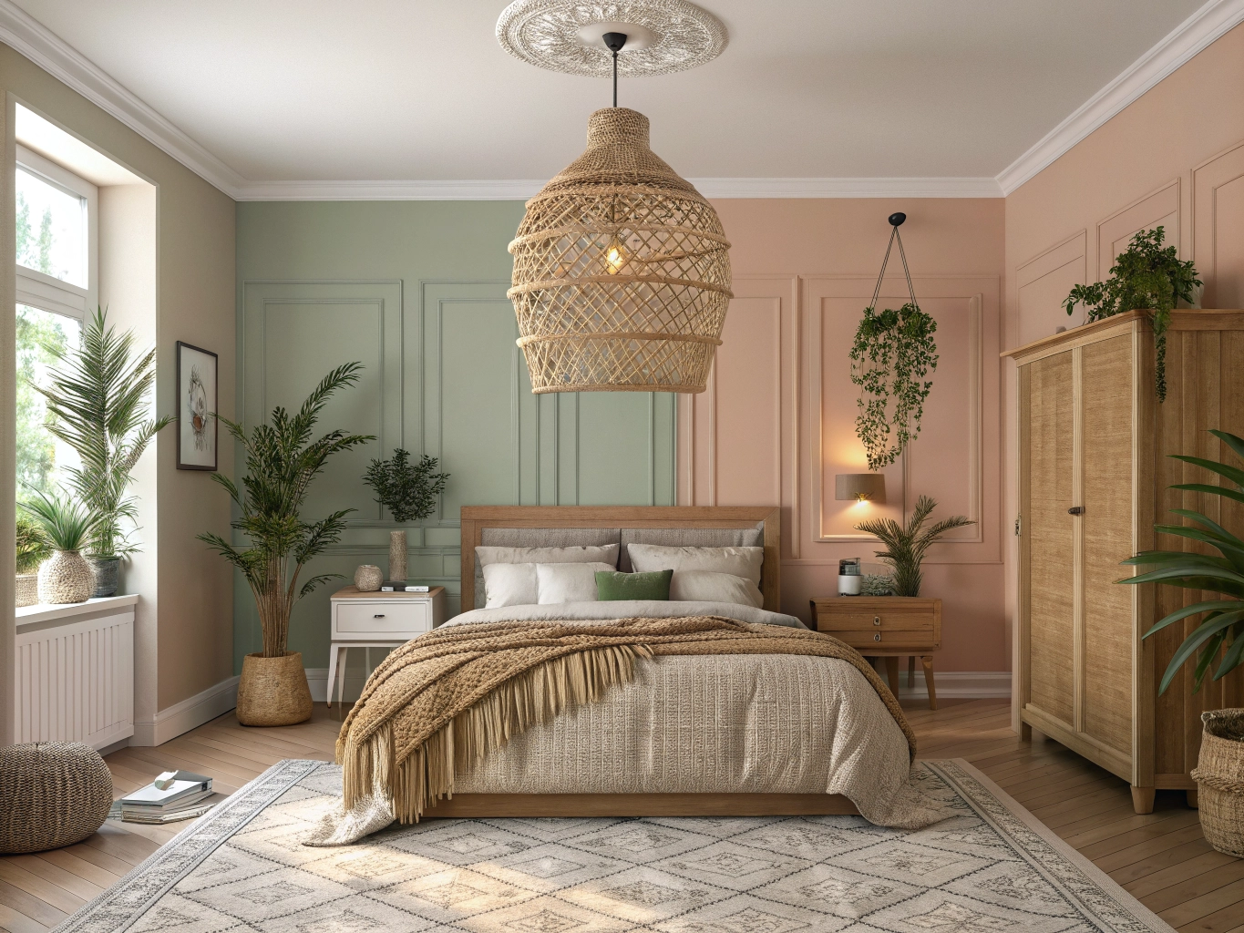Lustre de palha em quarto boho chic