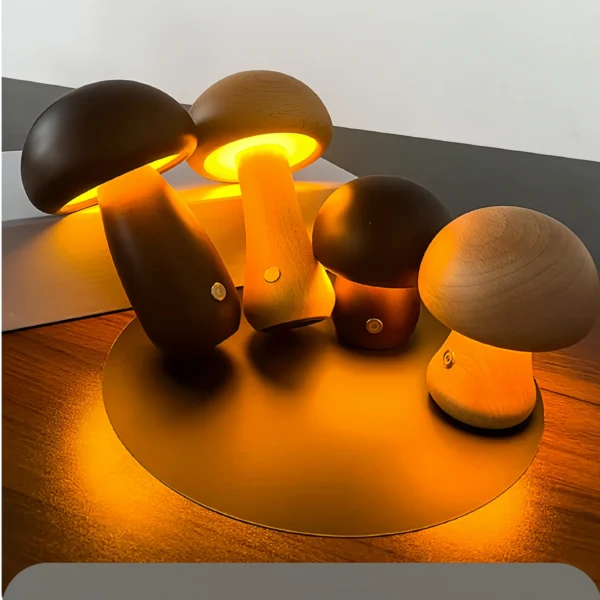 Abajur Moderno Luminária Tipo Cogumelo Cor Madeira e Bateria Recarregável Para Mesa Home Office, Quartos e Salas