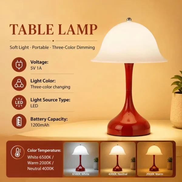 Abajur Portátil Luminária Tipo Cogumelo LED Recarregável Para Mesa Em Quarto, Salas e Home Office