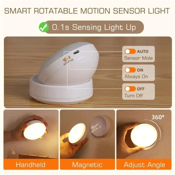 Arandela Sem Fio Luz 360° Noturna Com Sensor Movimento LED Recarregável Para Salas, Quartos e Corredores