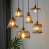 Pendente Retrô de Vidro Âmbar com Cordão Ajustável em Latão Dourado Para Bancada e Mesa de Jantar