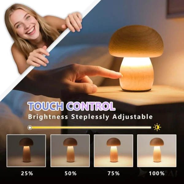 Abajur Moderno Luminária Tipo Cogumelo Cor Madeira e Bateria Recarregável Para Mesa Home Office, Quartos e Salas