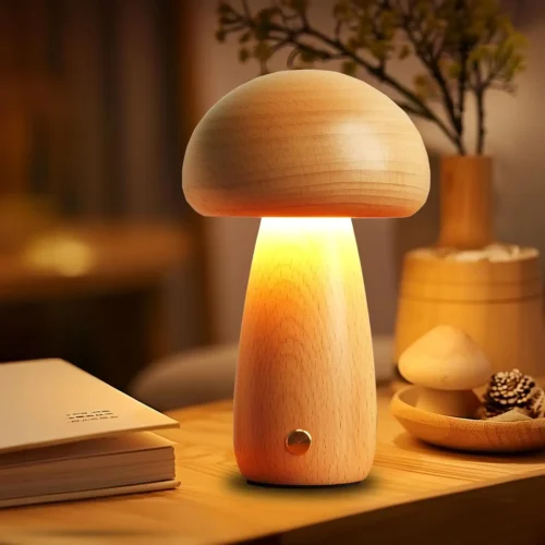 Abajur Moderno Luminária Tipo Cogumelo Cor Madeira e Bateria Recarregável Para Mesa Home Office, Quartos e Salas