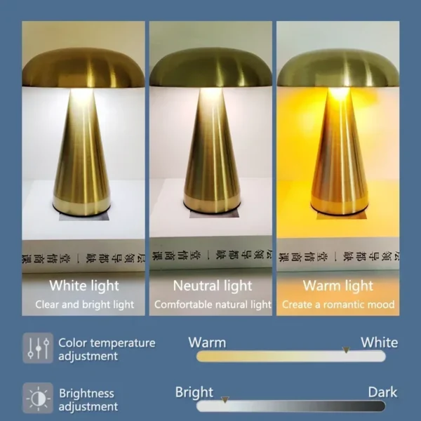 Abajur Portátil Sem Fio Cogumelo Com LED Toque e Bateria Recarregável Para Mesa Estar, Quartos e Home Office