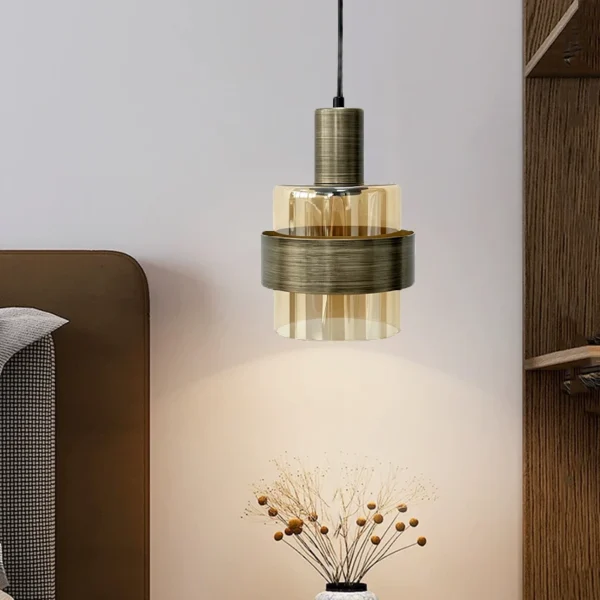 kf-S7509c2605a6949dc9a1fdd744ed9e66cW Pendente Teto Moderno De Vidro Âmbar e Metal Bronze Para Bancada e Mesa de Jantar