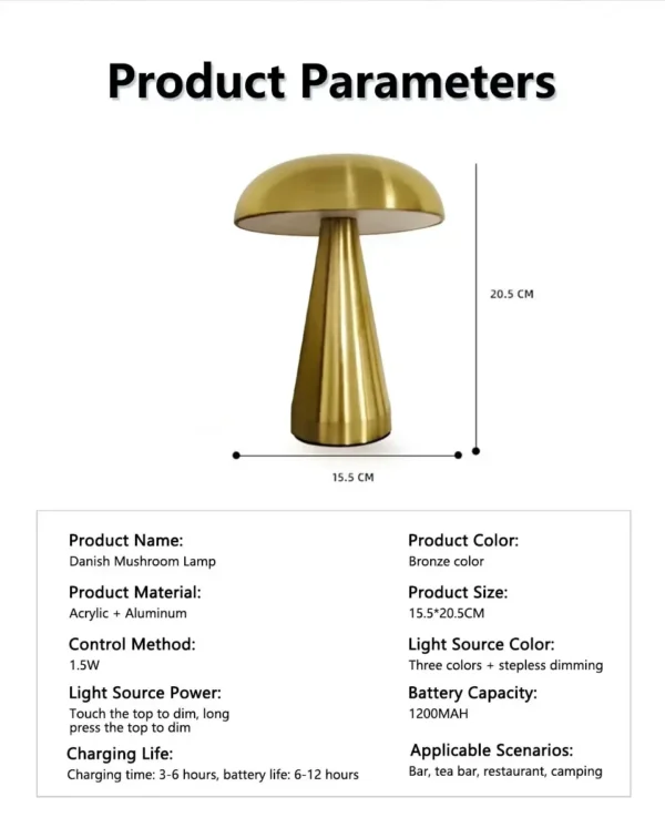 Abajur Portátil Sem Fio Cogumelo Com LED Toque e Bateria Recarregável Para Mesa Estar, Quartos e Home Office