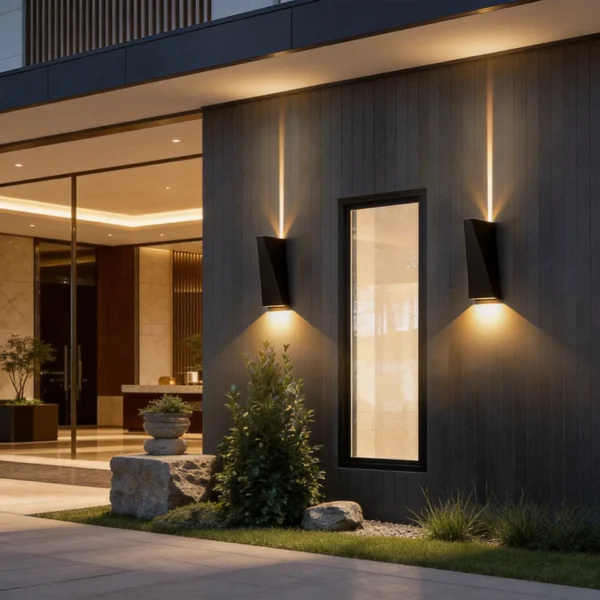 kf-Sa9ad3c54169a4faf9eeecc767ad04916Y Arandela Moderna Alumínio 2 Fachos de Luz IP65 Com 2 Fachos LED Para Jardins e Fachadas