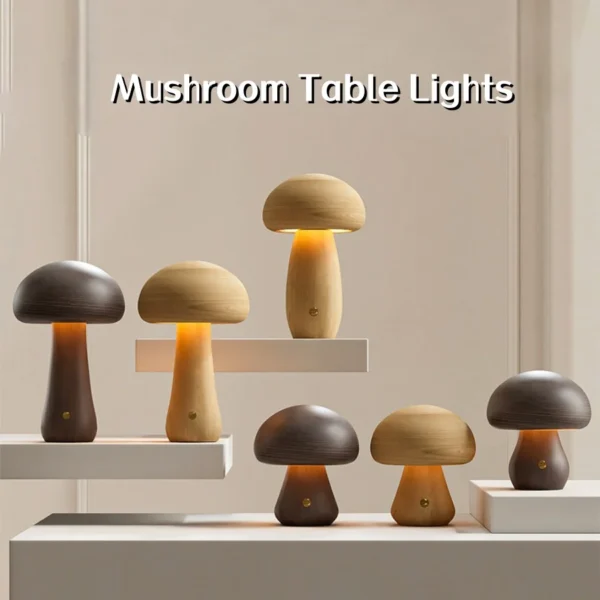 Abajur Moderno Luminária Tipo Cogumelo Cor Madeira e Bateria Recarregável Para Mesa Home Office, Quartos e Salas