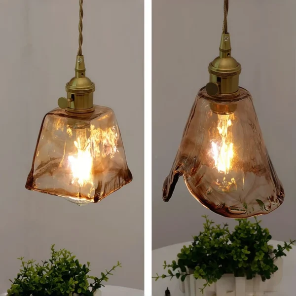 Pendente Retrô de Vidro Âmbar com Cordão Ajustável em Latão Dourado Para Bancada e Mesa de Jantar