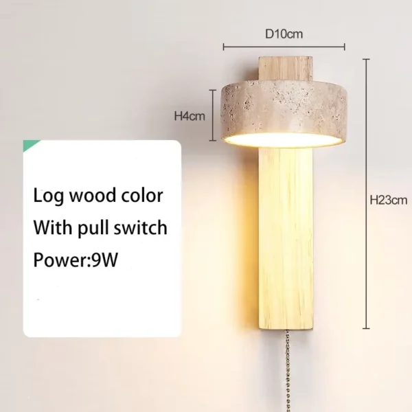 Arandela Wabi-Sabi em Travertino e Madeira com Luz LED Giratória - Madeira Natural com Interruptor de Cordão Arandela Wabi-Sabi em Travertino e Madeira com Luz LED Giratória - Madeira Natural com Interruptor de Cordão