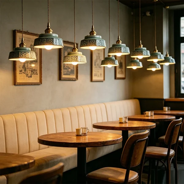 Pendente de Cerâmica Pintada Retrô com Soquete E27 - composição em restaurante Pendente de Cerâmica Pintada Retrô com Soquete E27 - composição em restaurante
